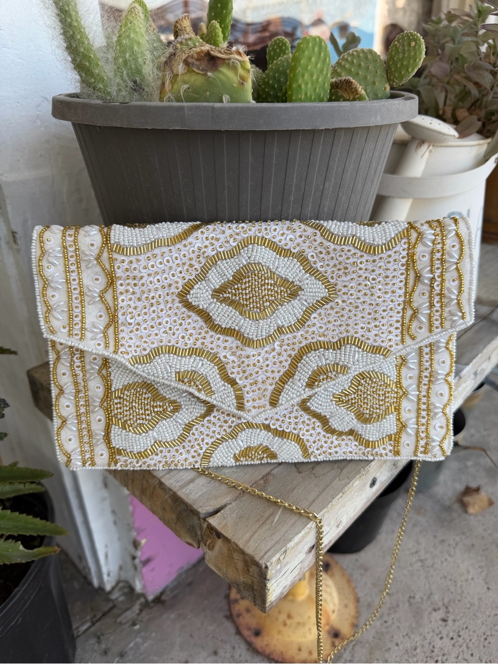 White & Gold Hand Beaded Envelope Clutch Crossbody Bag - Picture 2 of 13